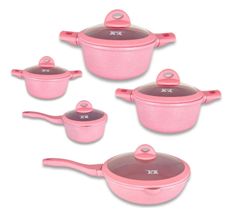 Jogo de Panela 5 Pçs Na cor rosa , Compatível com fogão comum e por indução.