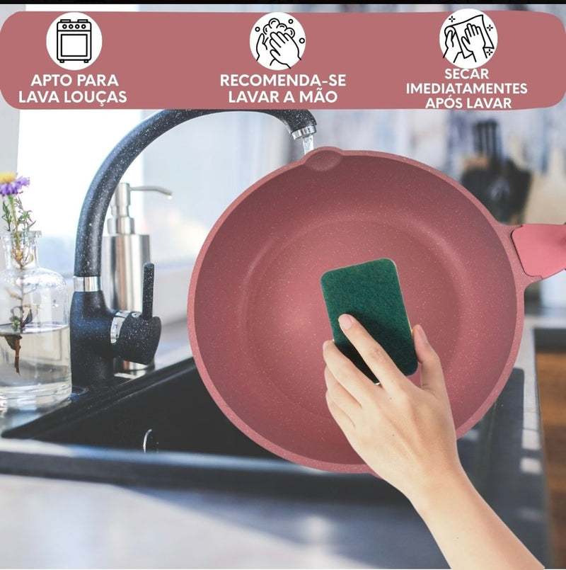 Jogo de Panela 5 Pçs Na cor rosa , Compatível com fogão comum e por indução.