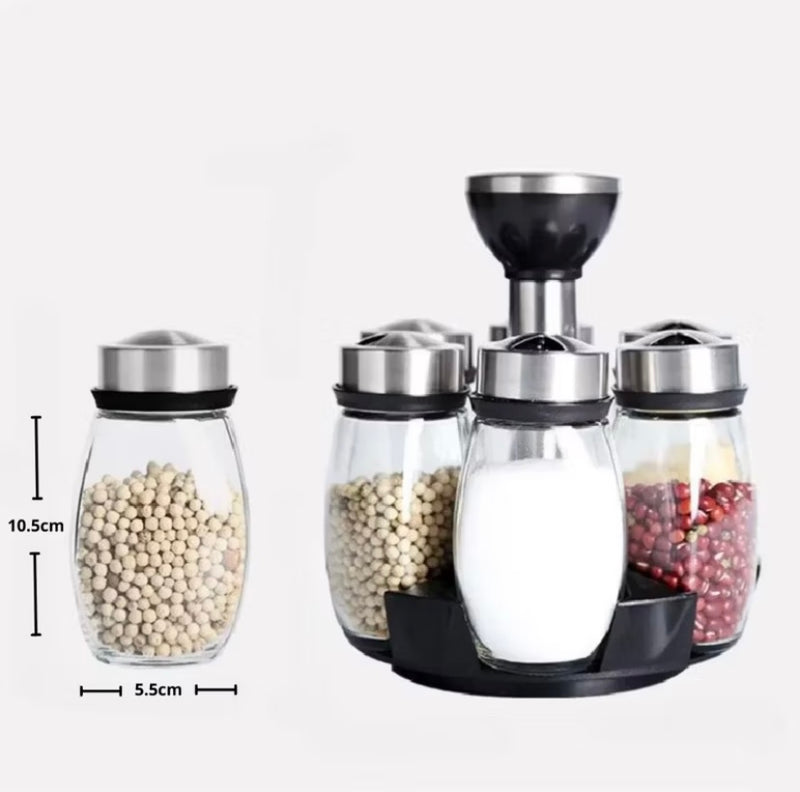 Porta Tempero Giratório Inox com 7 Potes de Vidro