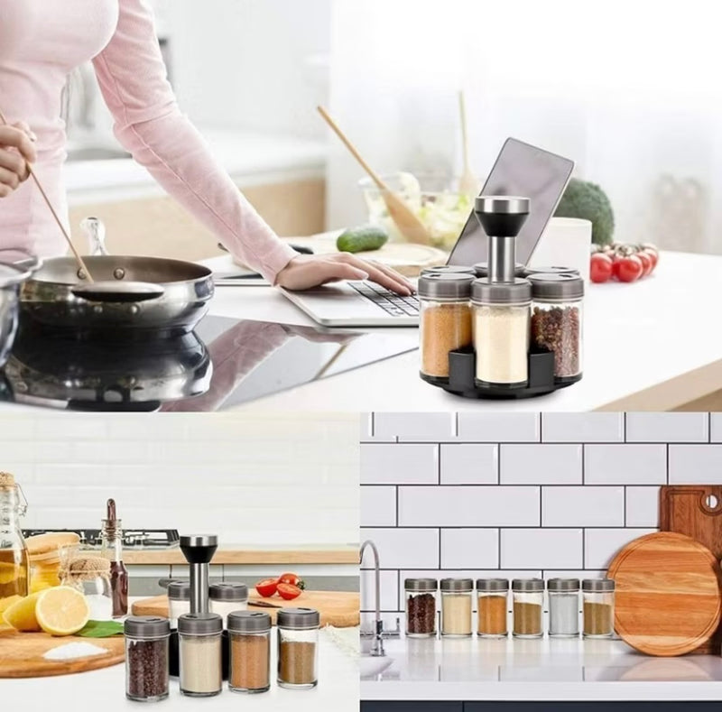 Porta Tempero Giratório Inox com 7 Potes de Vidro