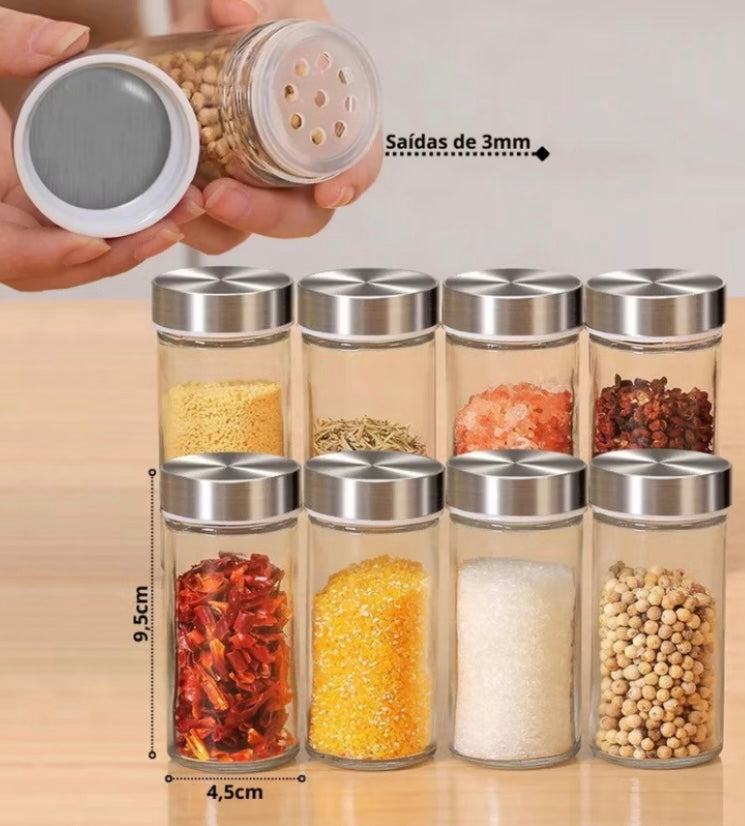 Porta Tempero Inox com 12 Potes de Vidro