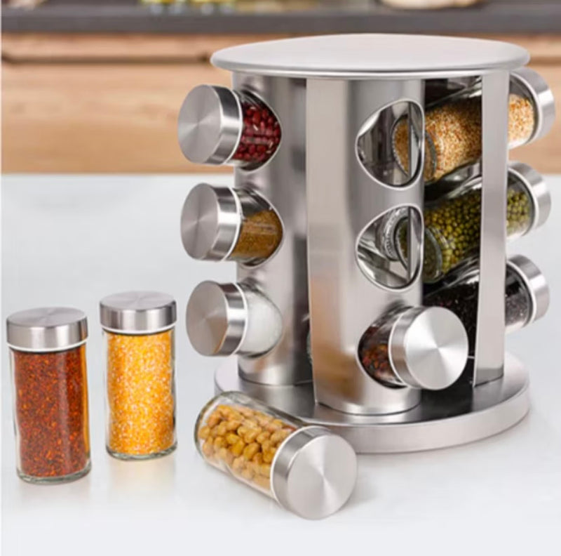 Porta Tempero Inox com 12 Potes de Vidro