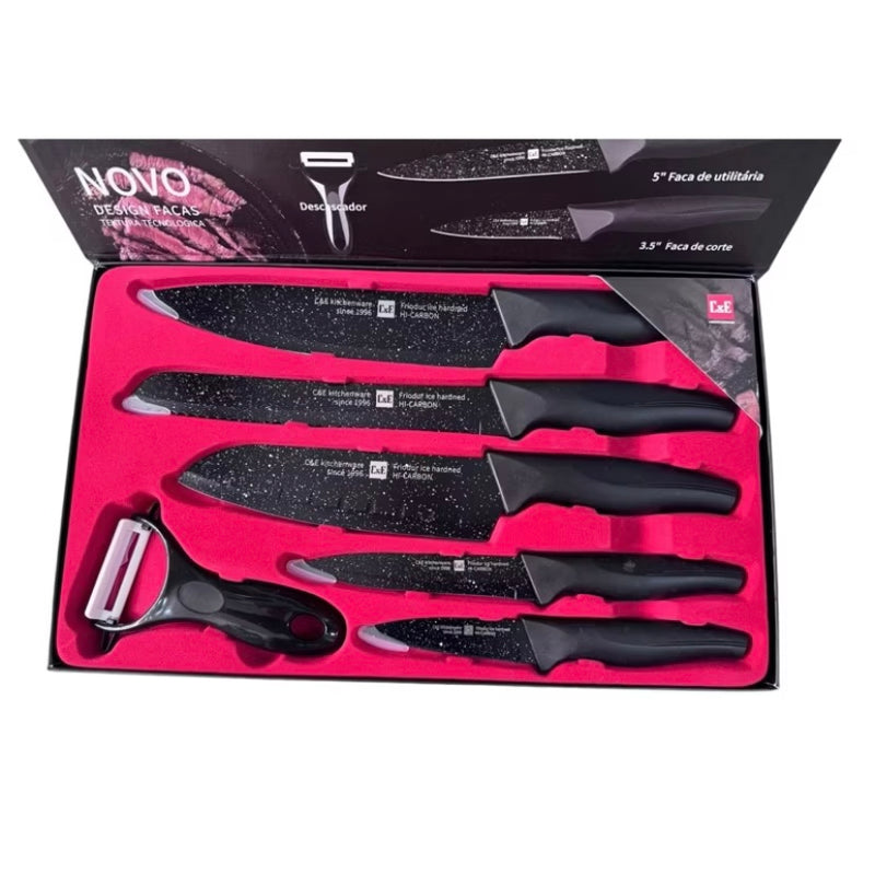 Conjunto de Facas C&E com Revestimento Marmorizado – 6 Peças Aço Carbono + Descascador