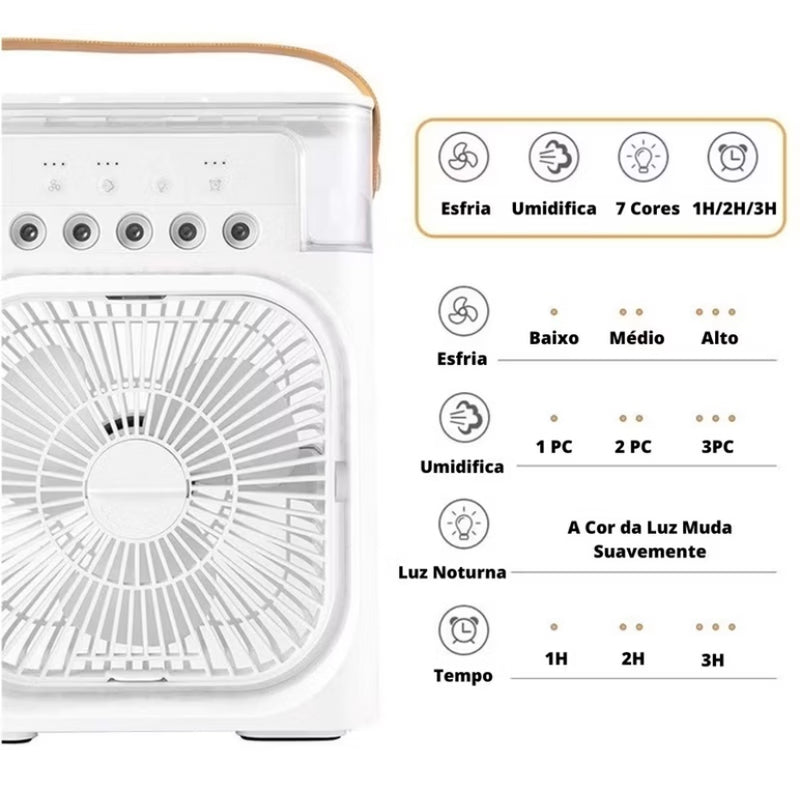 Refrigerador De Ar Portátil 3 Em 1 Ventilador + Umidificador + LED USB Tipo C