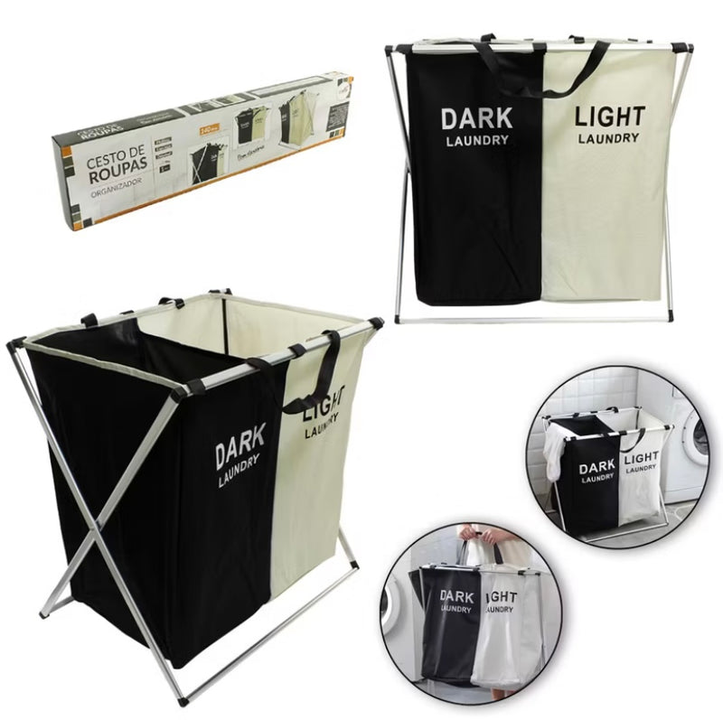 Cesto Organizador Oxford Dobrável com Divisória, Alça e Suporte Aramado – 140 Litros!